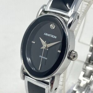 Armitron Diamond Watch Women 21mm Silver Tone Black Enamel 30M New Battery 6.75"